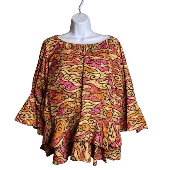Vintage African Fabric Women's Vibrant Print Ruffle Blouse Est. Size XL Flowy - Picture 1 of 9